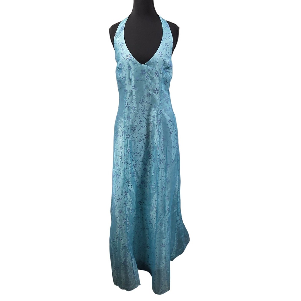 Formal Gown Dress Women 8? Halter Ice Blue Floral Glitter Corset Back Unbranded